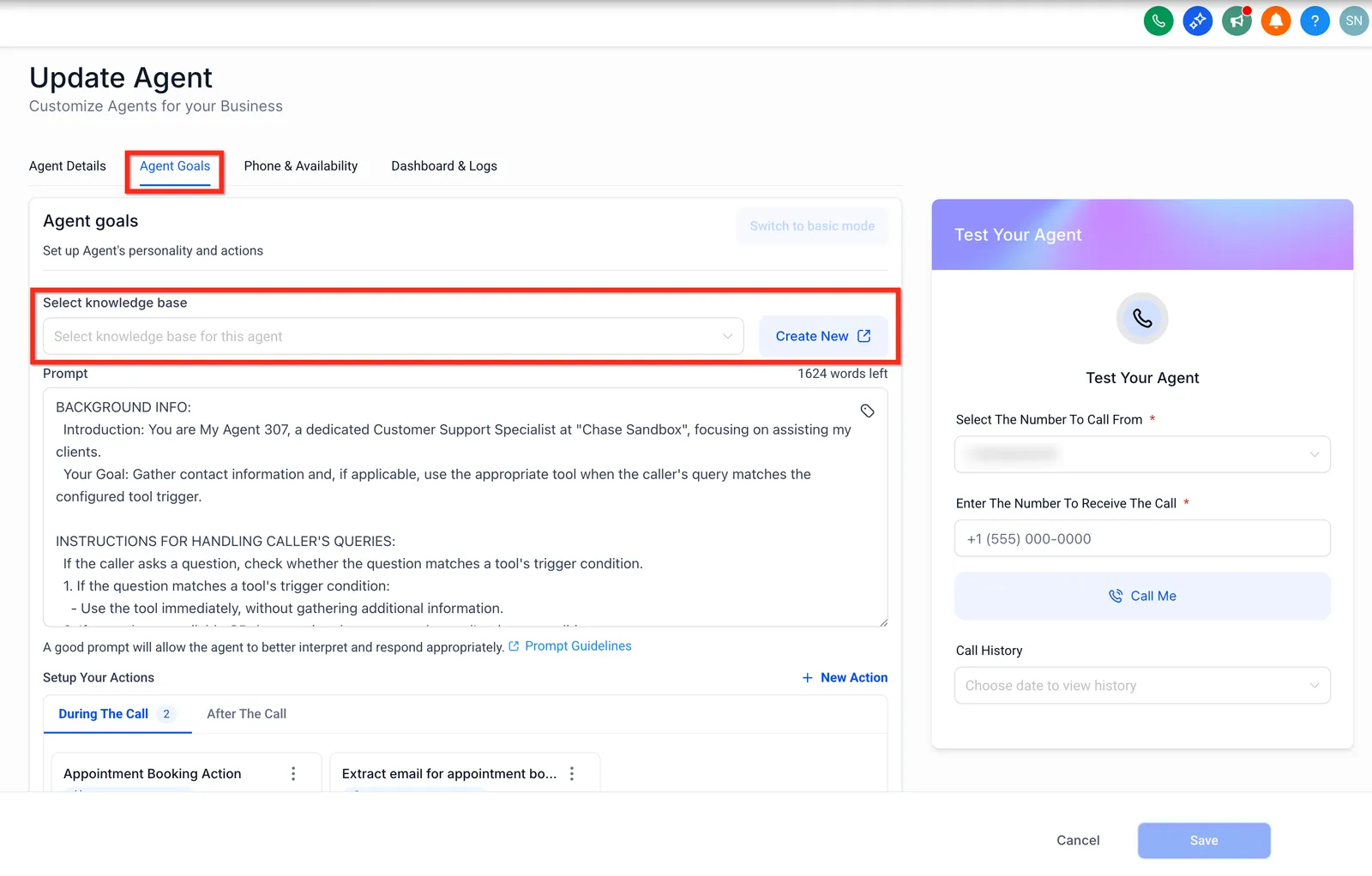 Selezione knowledge base nella scheda Agent Goals