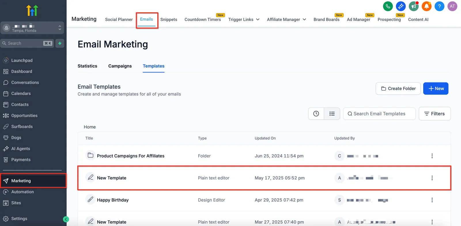 Apertura del builder email in Squadd