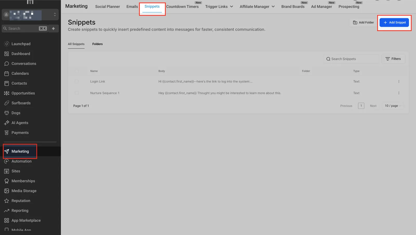 Accesso alla sezione Snippet dal menu Marketing