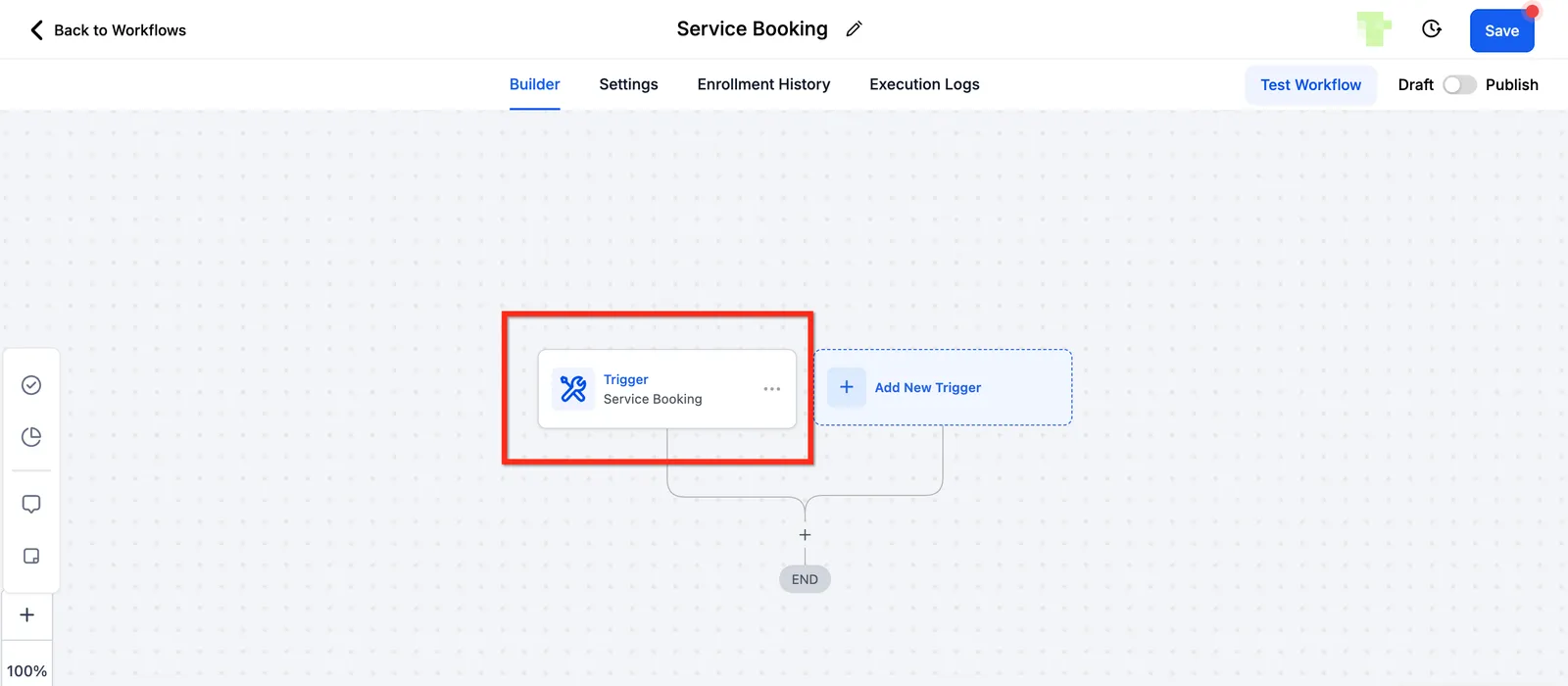 Schermata del trigger Prenotazione Servizi nel Workflow
