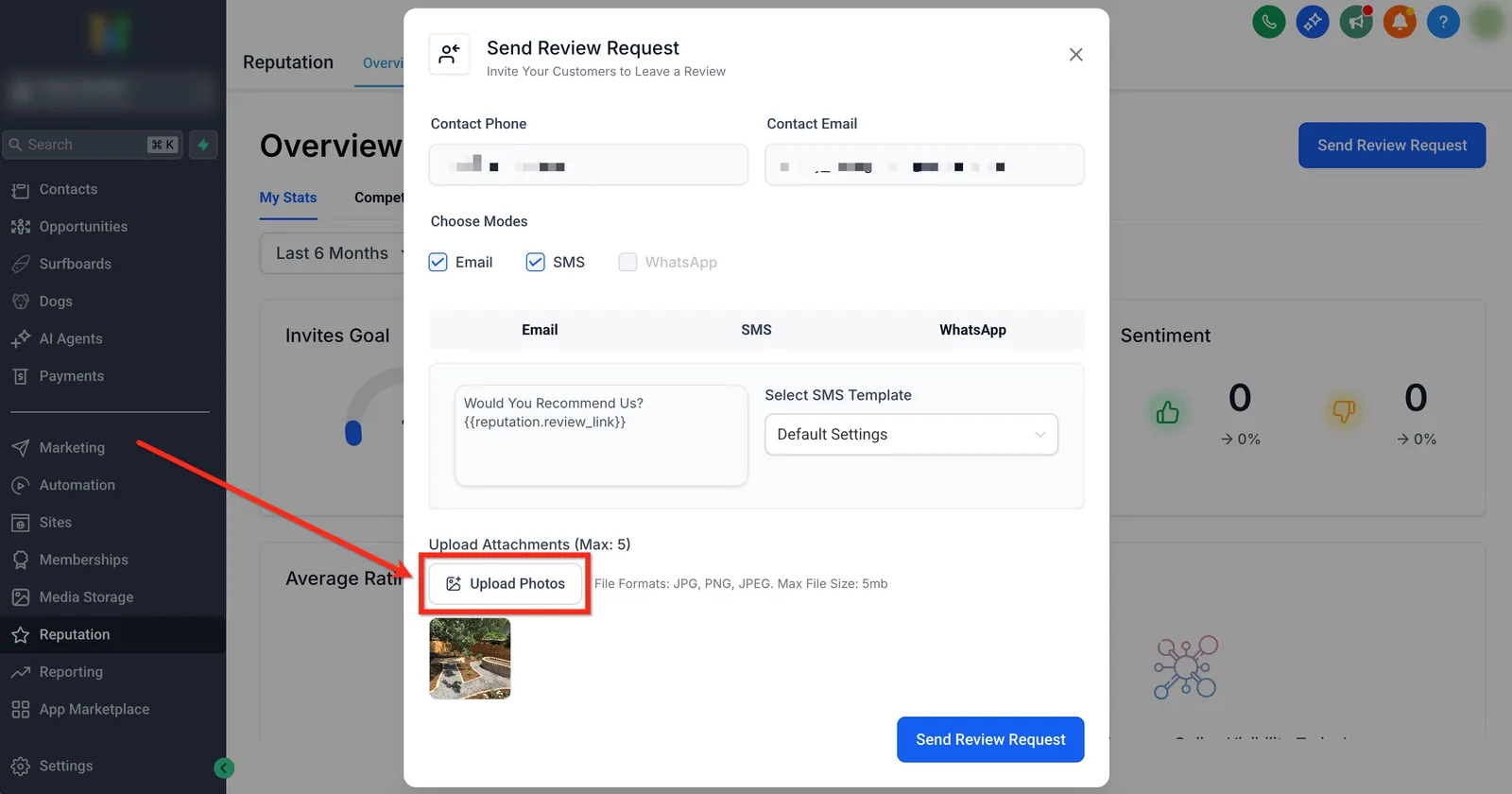 Pulsante Upload Photos con anteprima delle immagini caricate