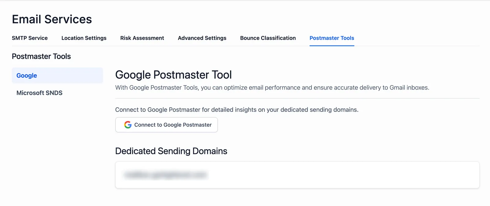 Pulsante Connetti a Google Postmaster nella pagina Servizi email