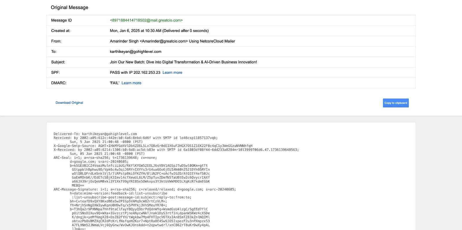 Esempio di DMARC FAIL nell'intestazione email di Gmail