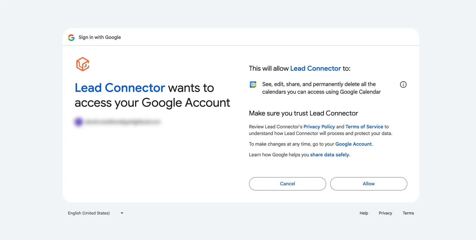 Schermata di autorizzazioni Google