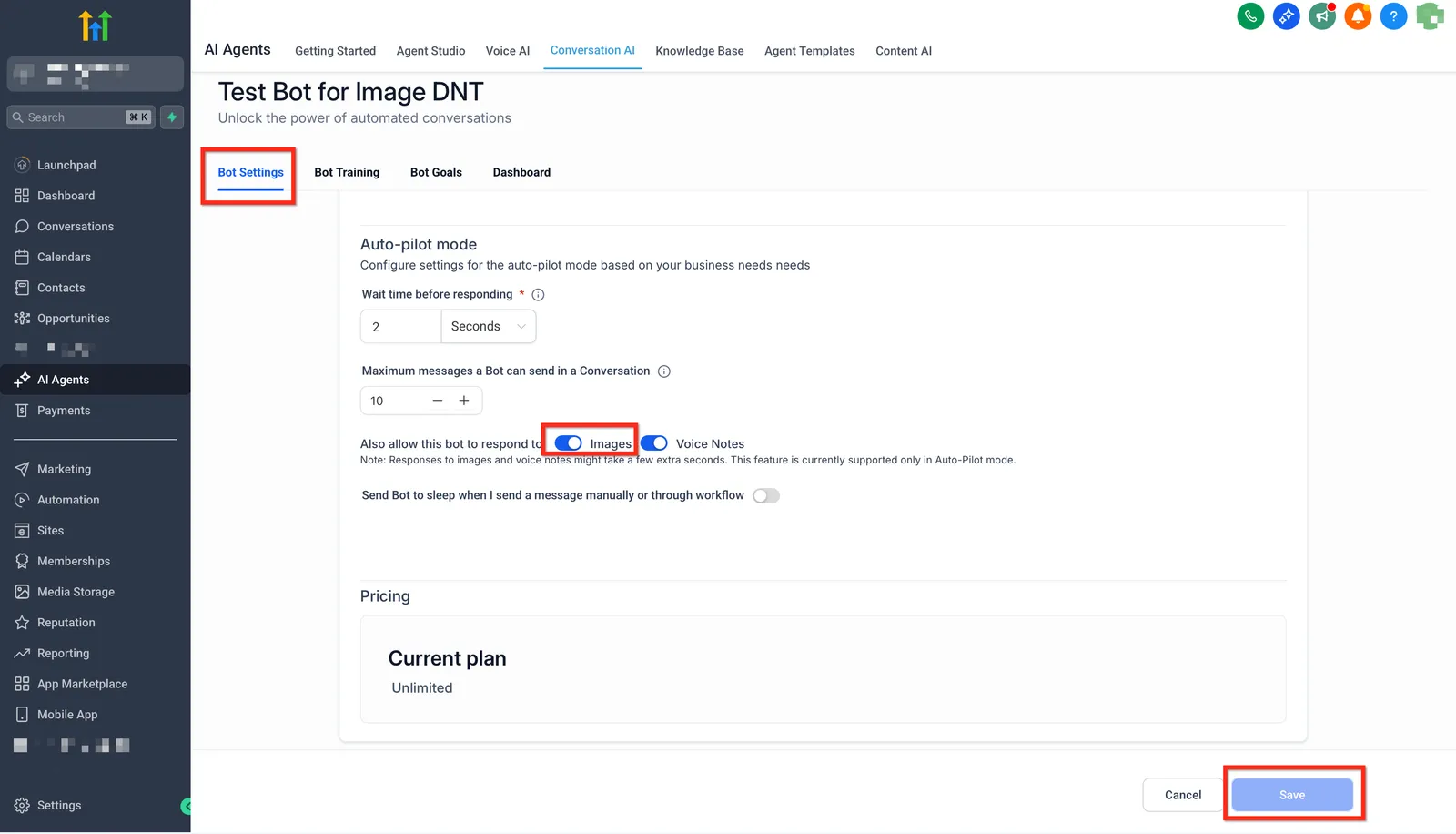 Menu a tre punti per modificare il bot