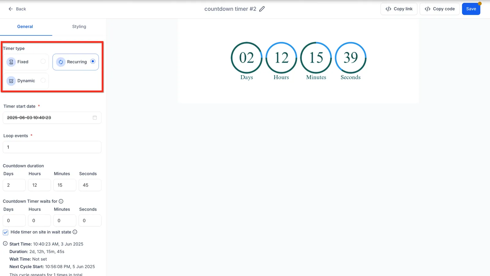 Configurazione dei dettagli del timer ricorrente