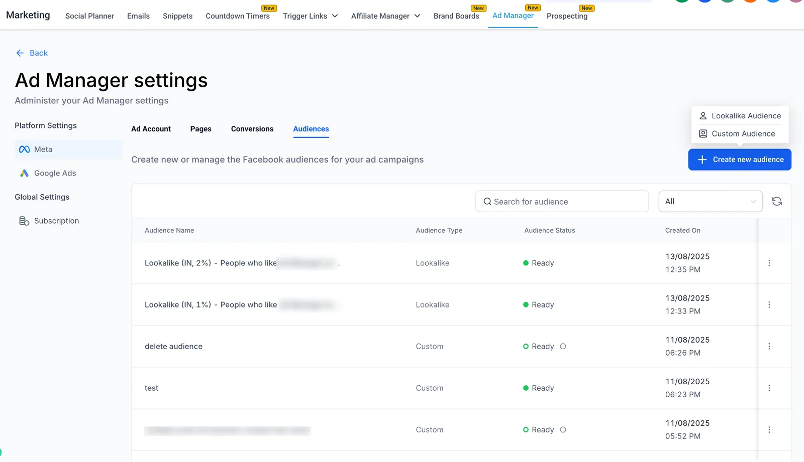 Scheda Pubblici Meta nelle Impostazioni di Ad Manager