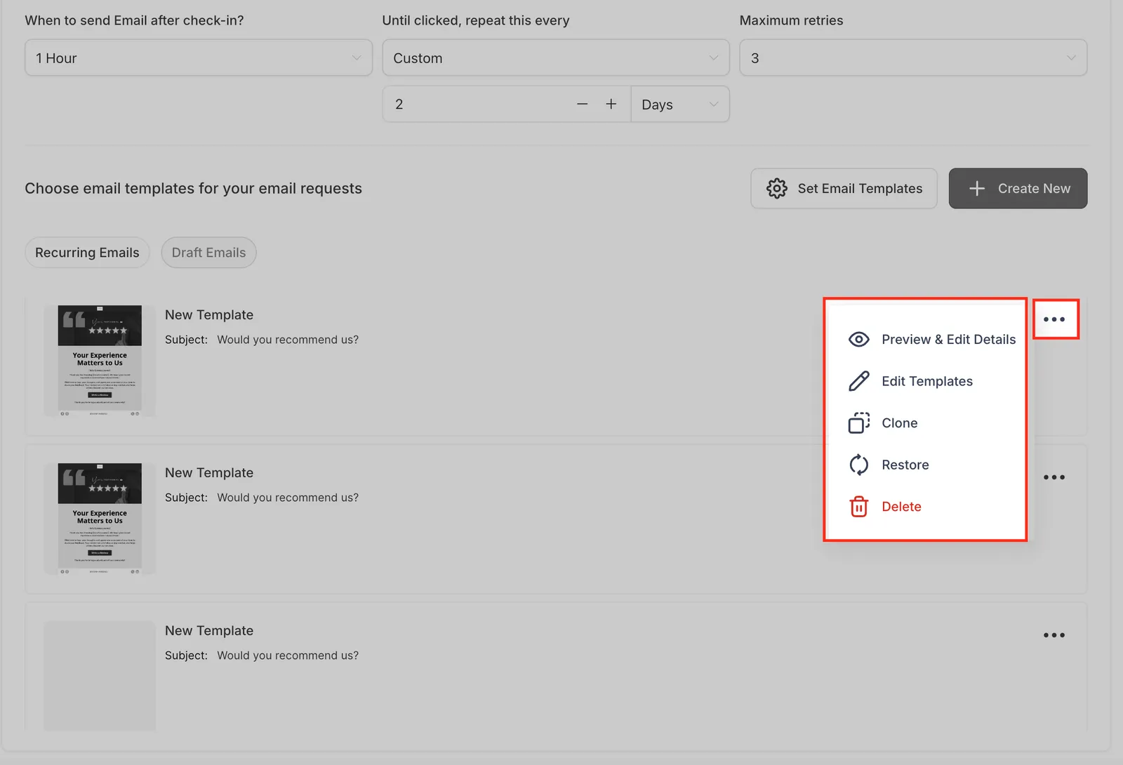 Schermata delle opzioni di gestione template con menu a tre puntini