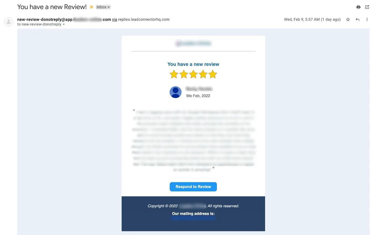 Email di notifica Nuova Recensione