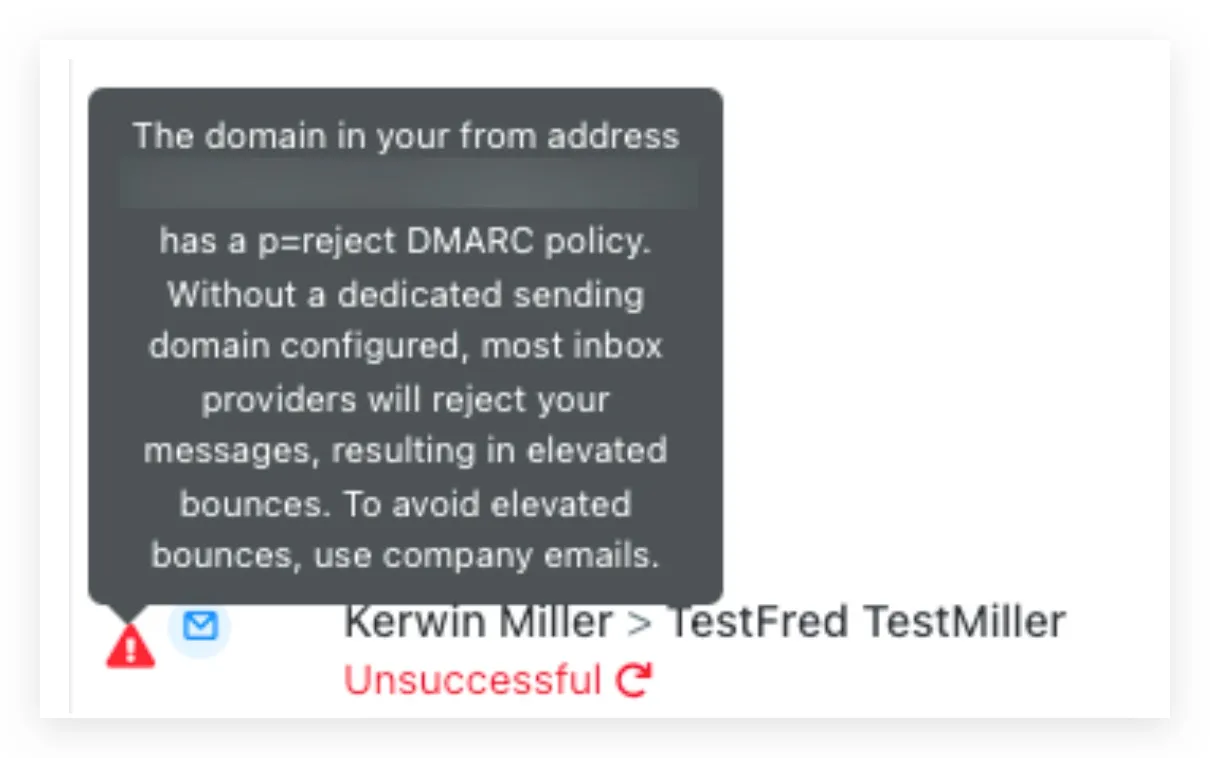 Esempio di messaggio di errore DMARC