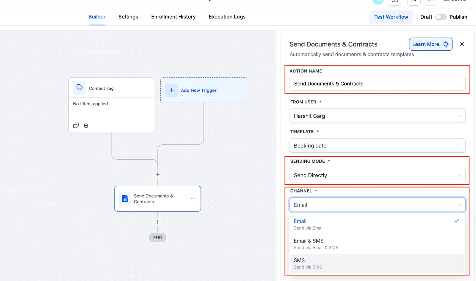 Configurazione azione Invia Documenti e Contratti nel Workflow