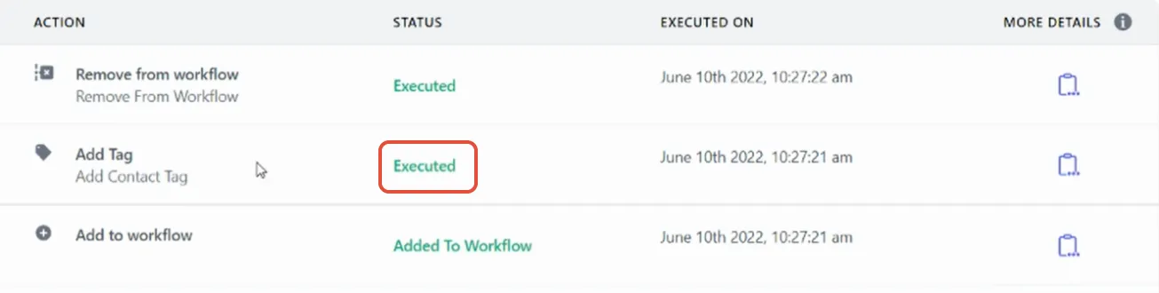Log di esecuzione del Workflow con Tag aggiunto