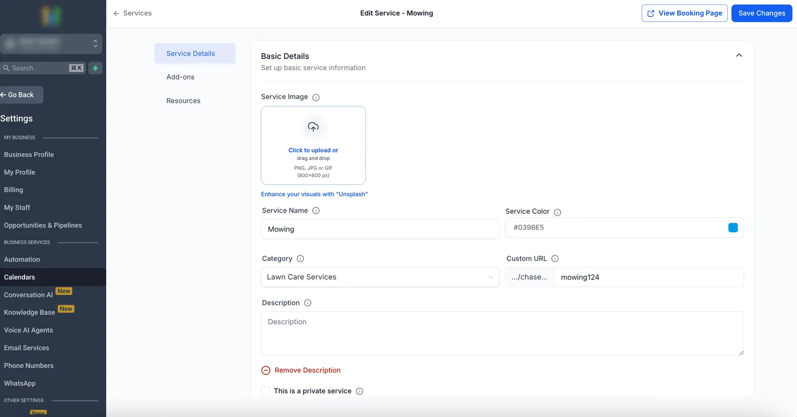 Editor del servizio con schede Add-on e Risorse