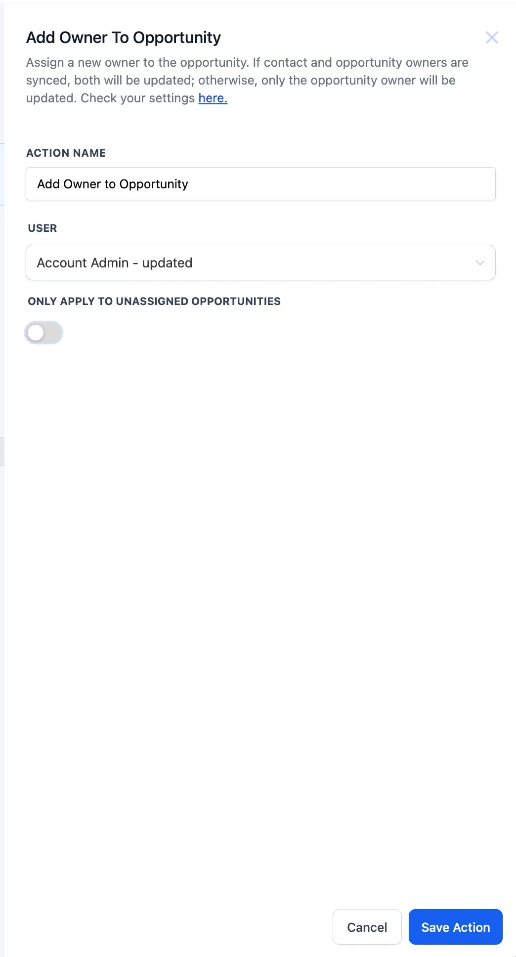 Schermata dell'azione Aggiungi Proprietario a Opportunità nel builder Workflow
