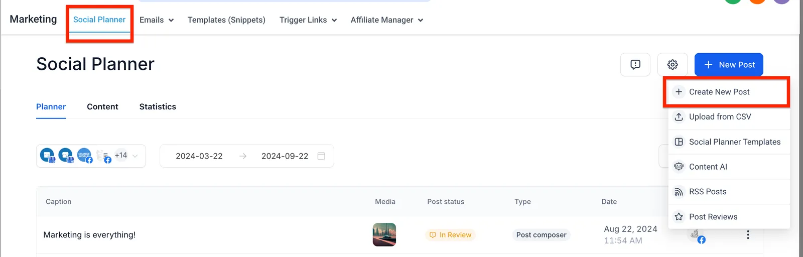 Schermata creazione nuovo post nel Social Planner
