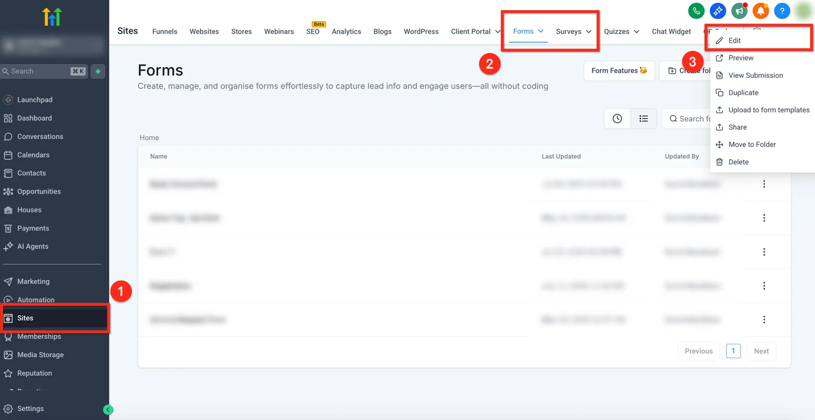 Navigazione verso il form builder nei Siti