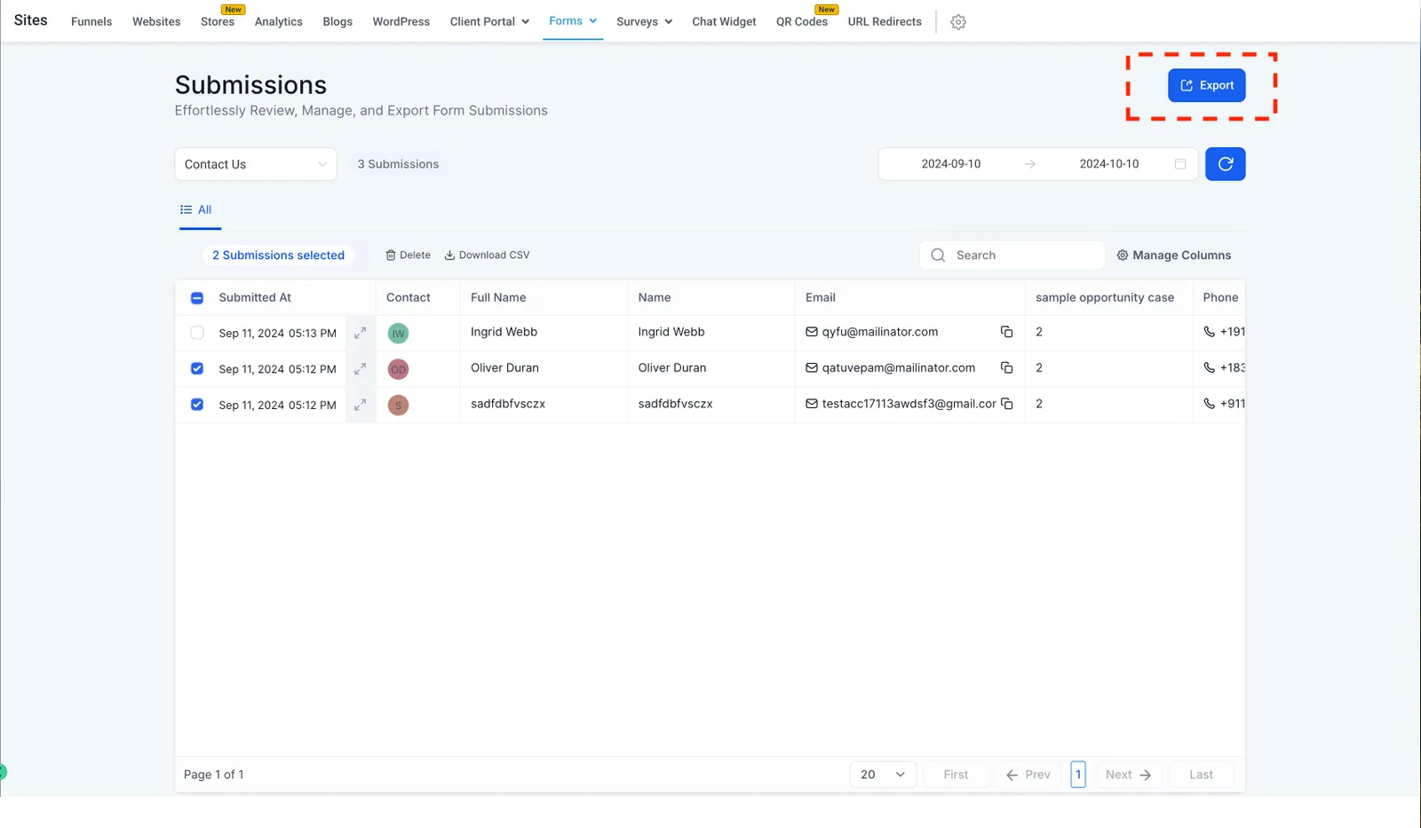 Screenshot del pulsante Esporta
