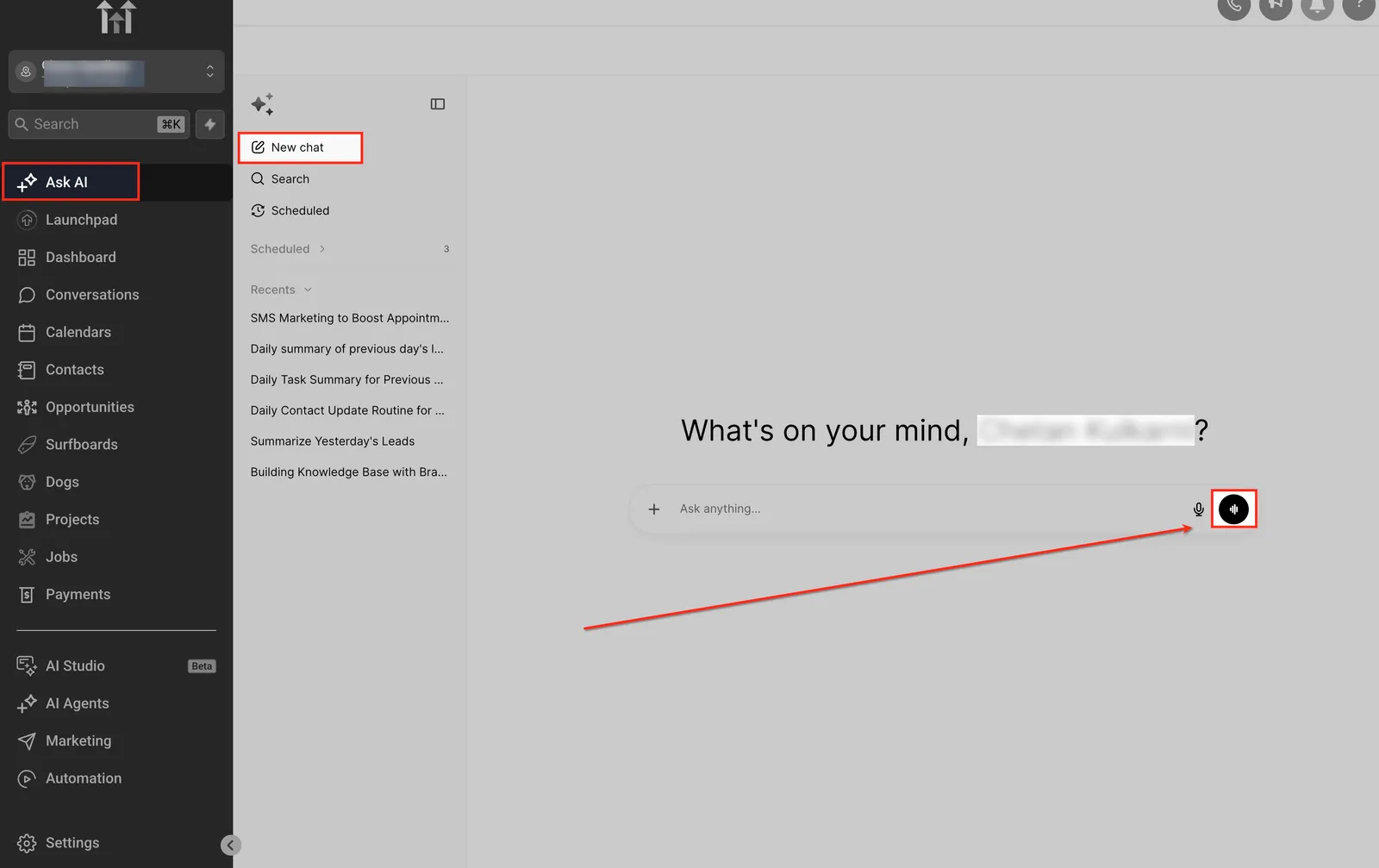 Schermata della configurazione della modalità vocale di Ask AI