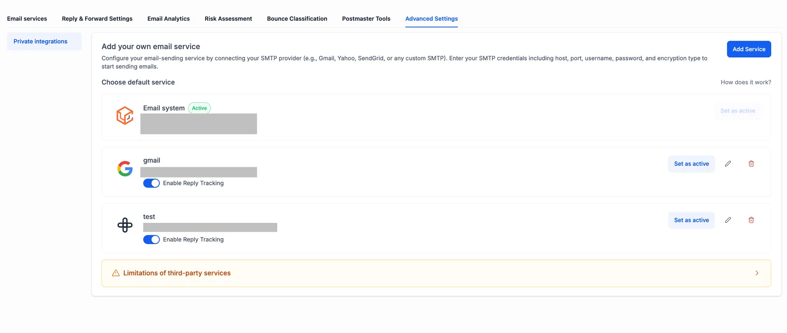 Clicca su Add Service per aprire il popup di configurazione SMTP