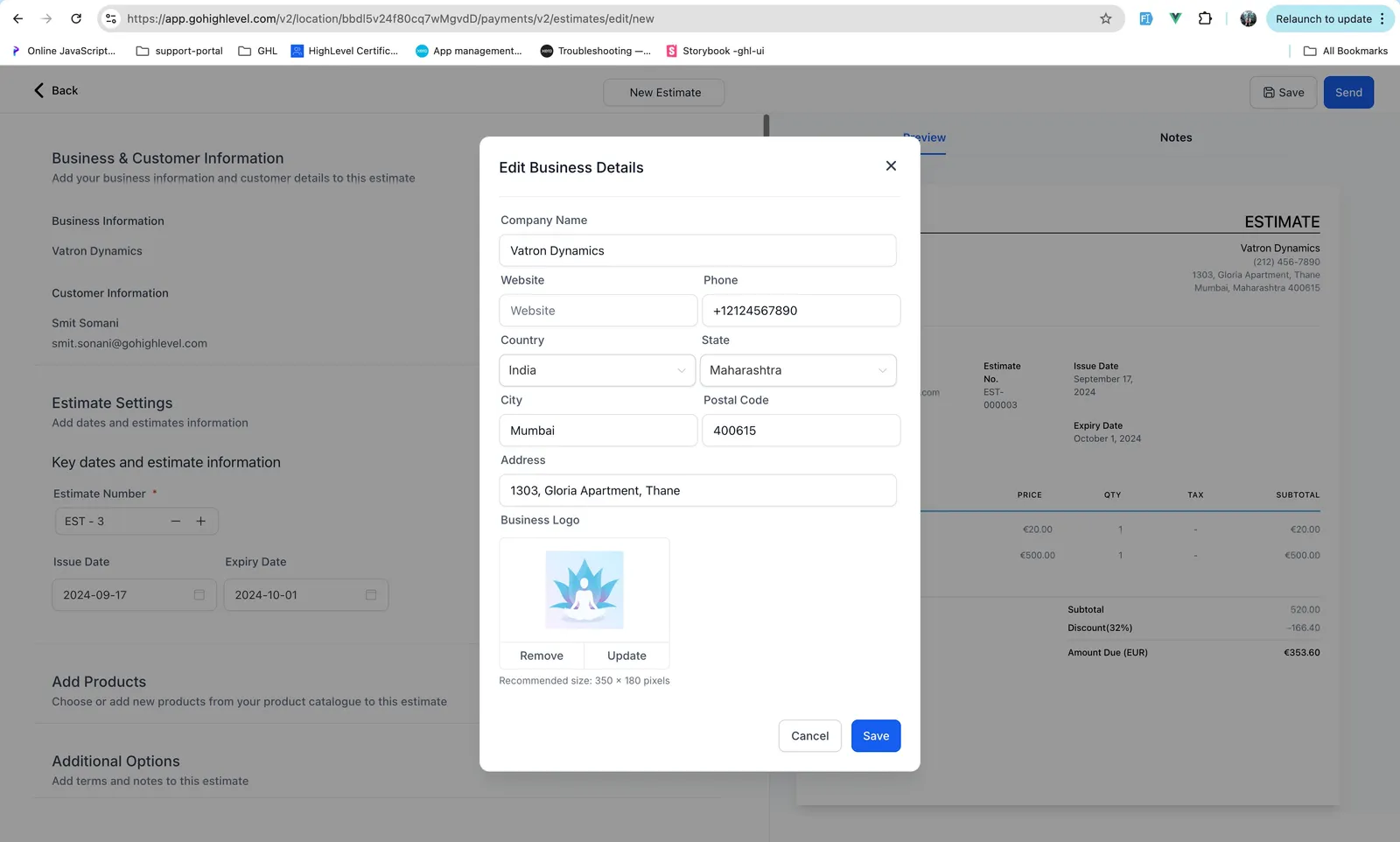 Screenshot della creazione di un preventivo in GoHighLevel / Squadd