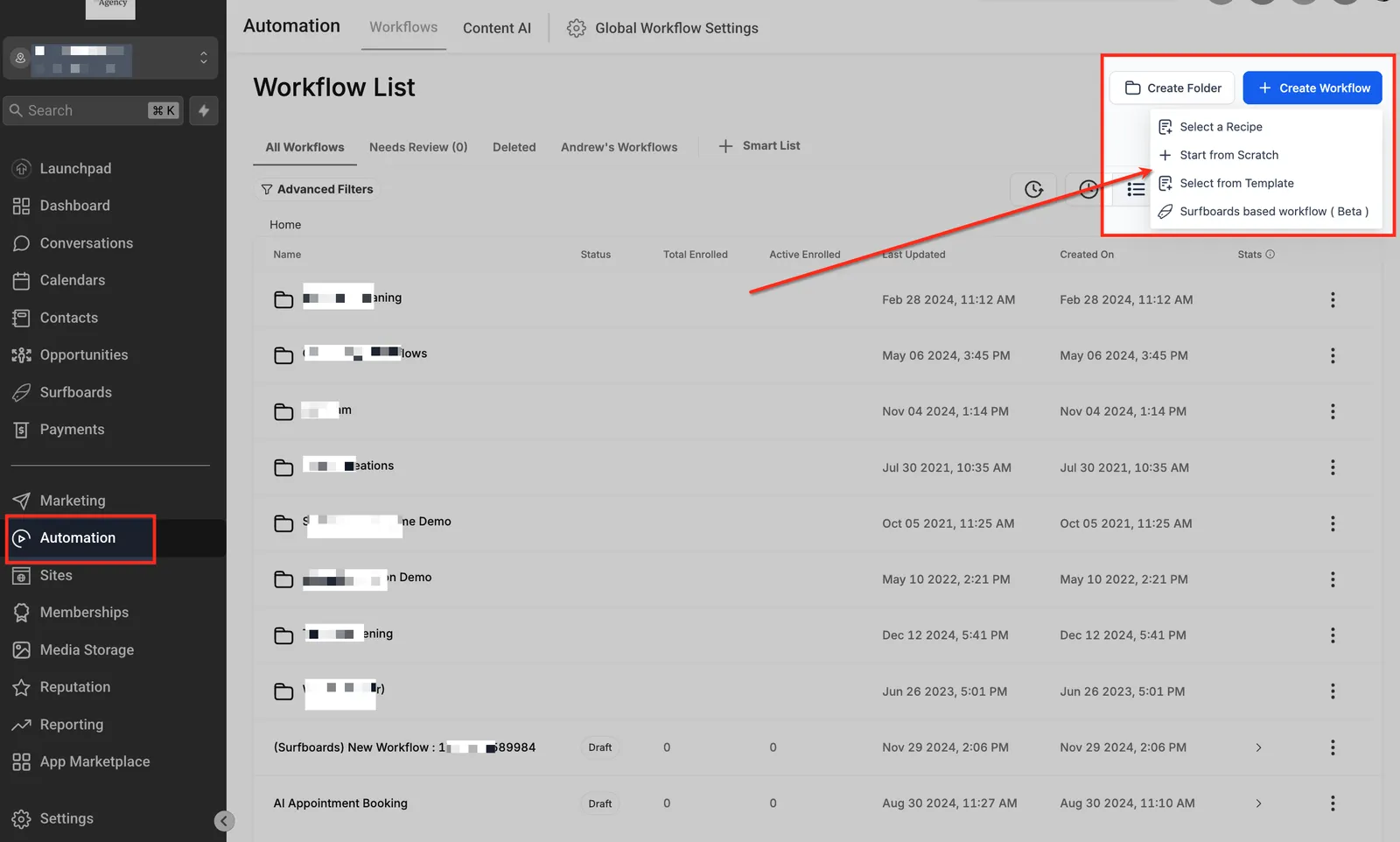 Accesso al Workflow Builder