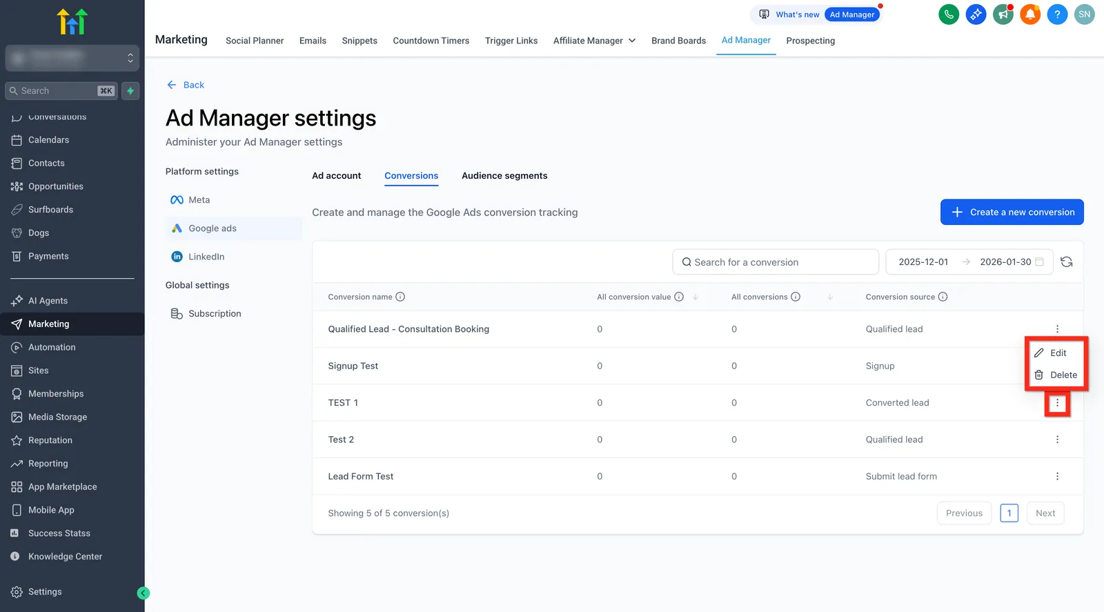 Menu a 3 punti per modificare o eliminare una conversione