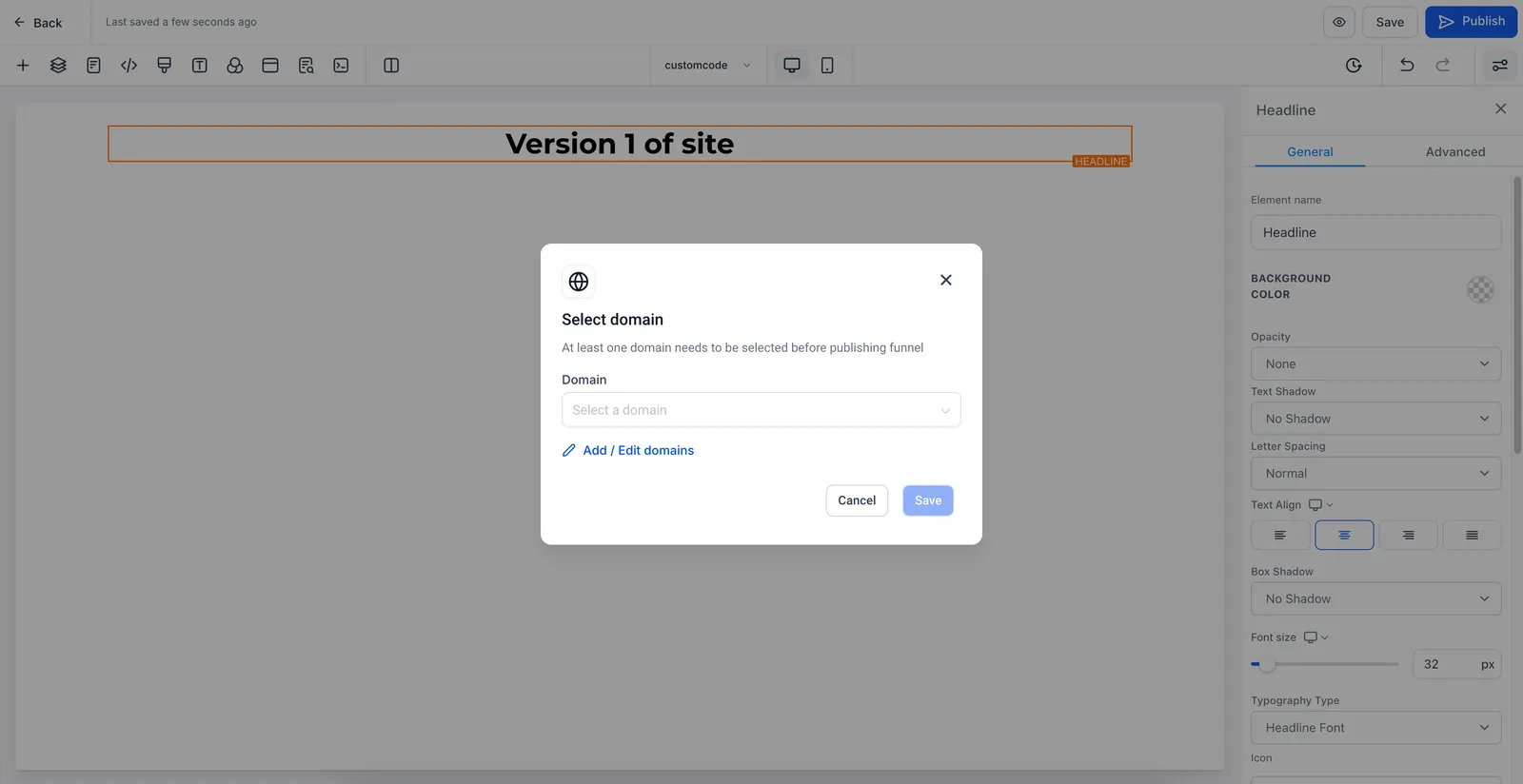 Schermata del popup di collegamento dominio nel builder