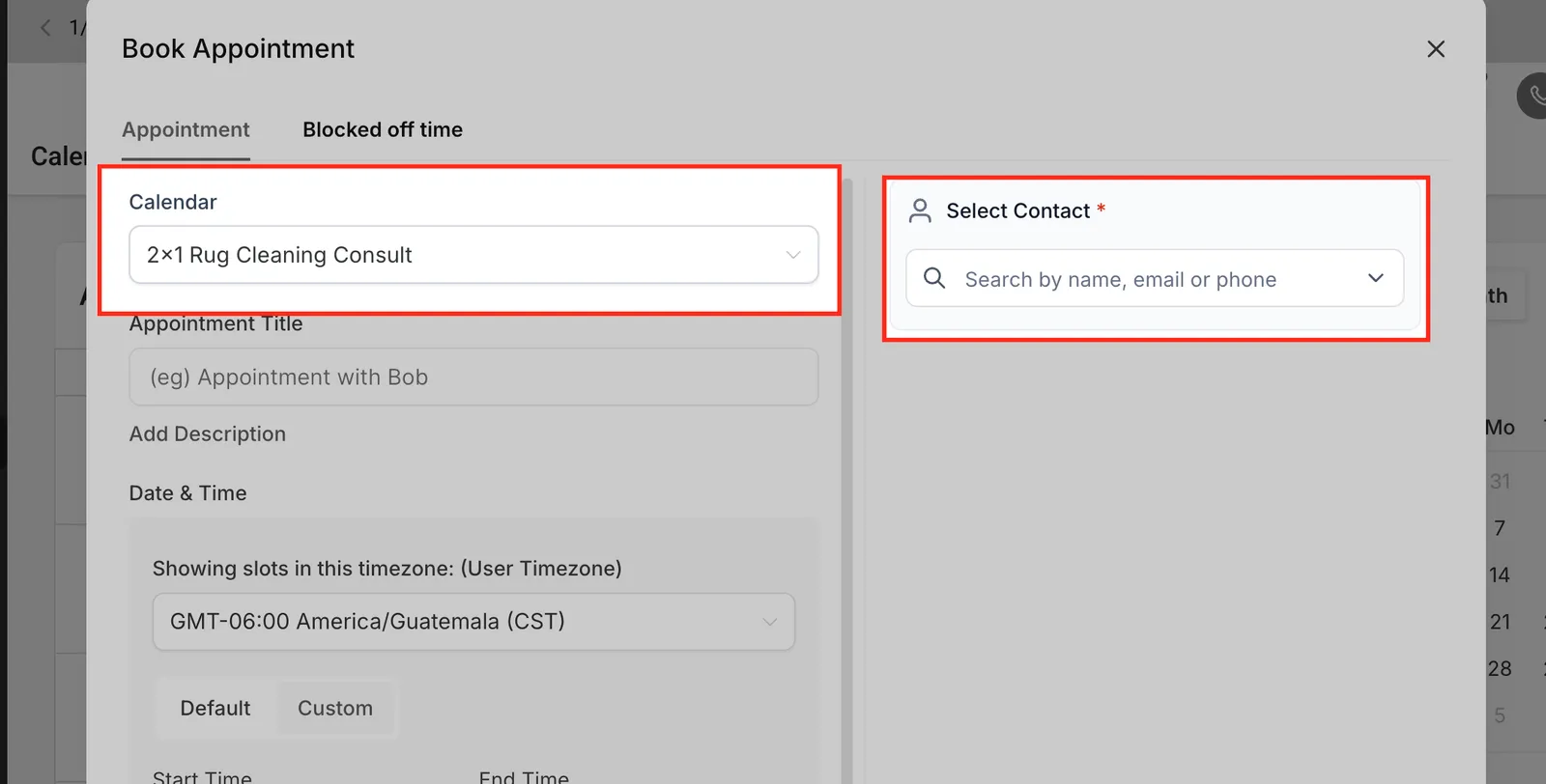 Selezione Calendario e Contatto nel modal di prenotazione