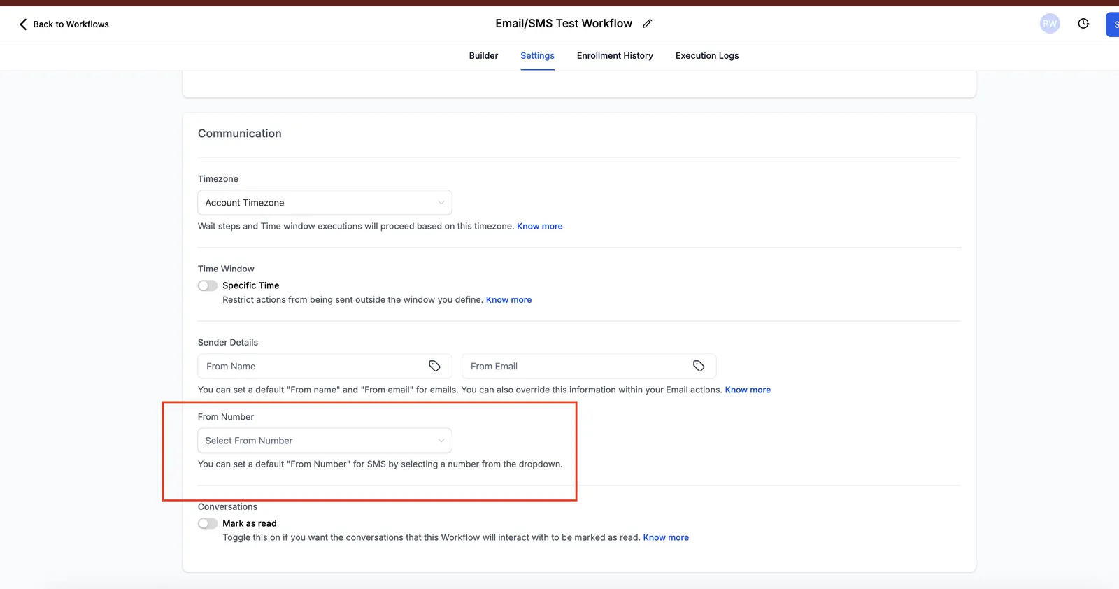 Schermata selezione numero mittente nel builder Workflow