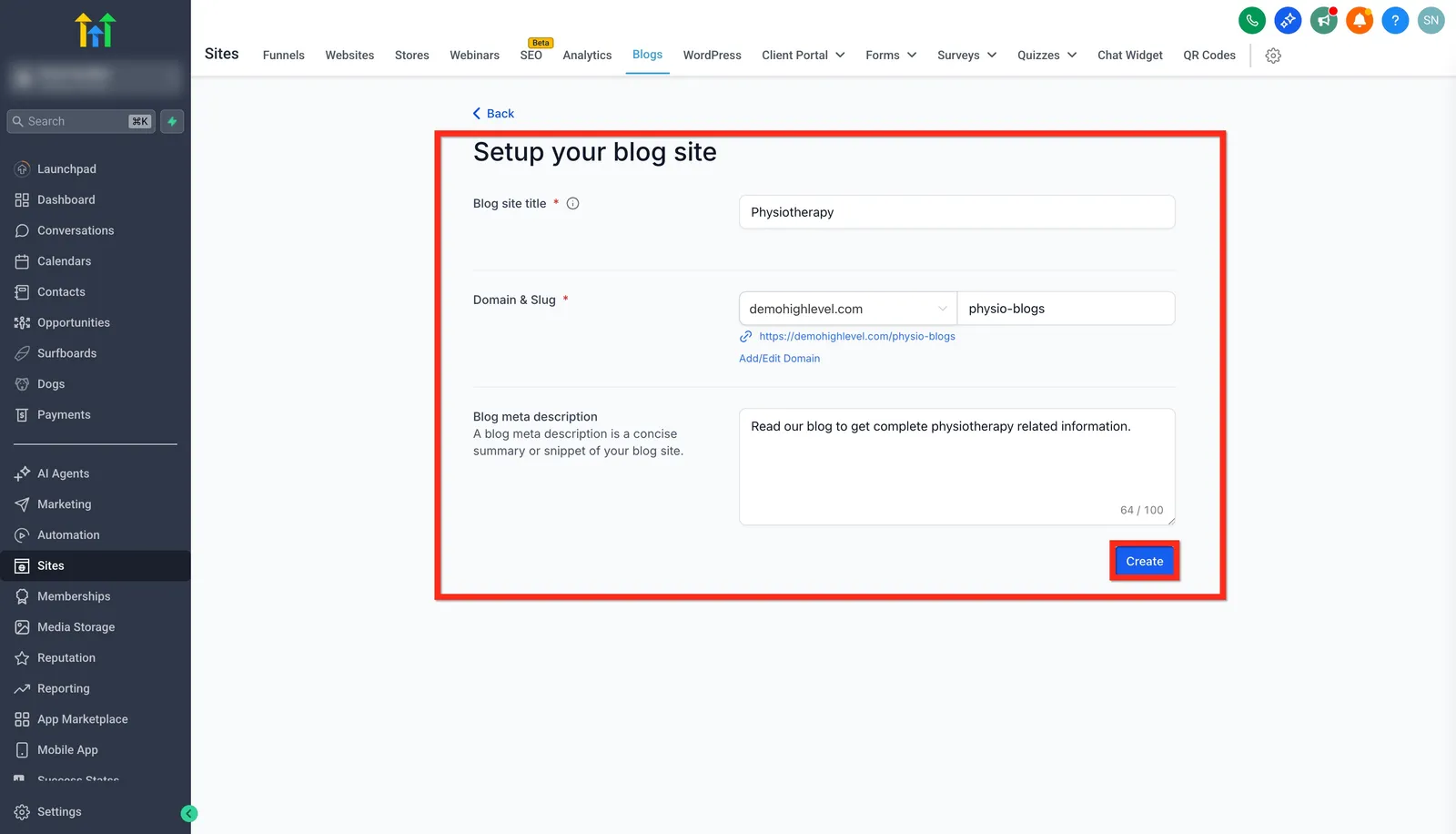 Schermata dettagli sito blog