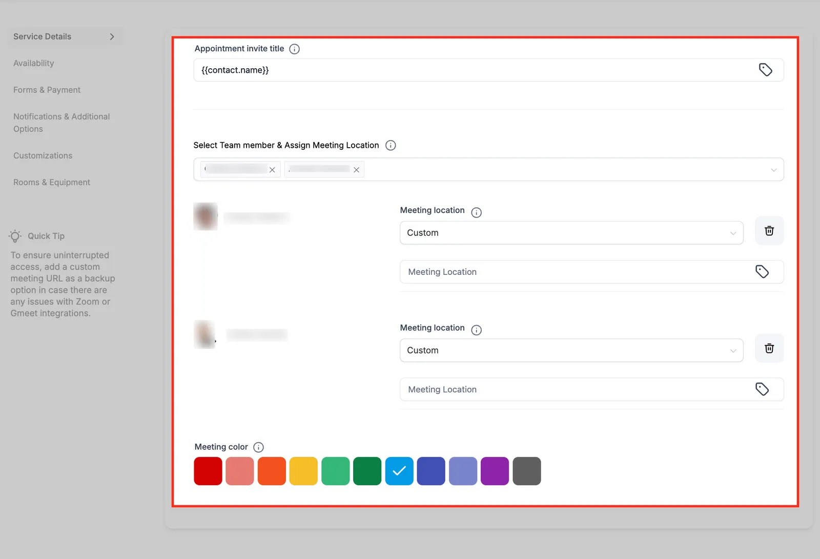 Schermata configurazione appuntamento, membri del team e colore