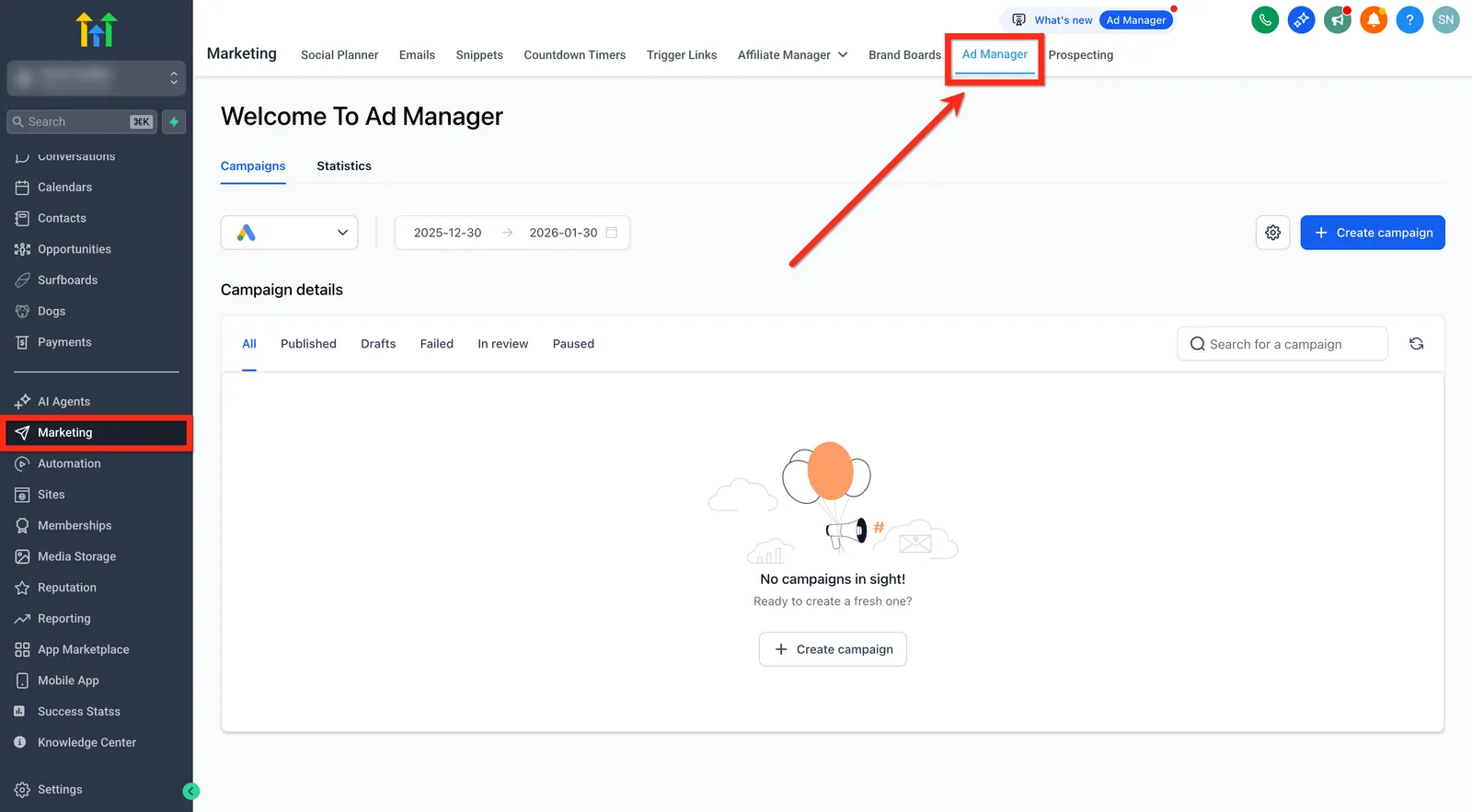 Schermata della sezione Marketing con Ad Manager evidenziato