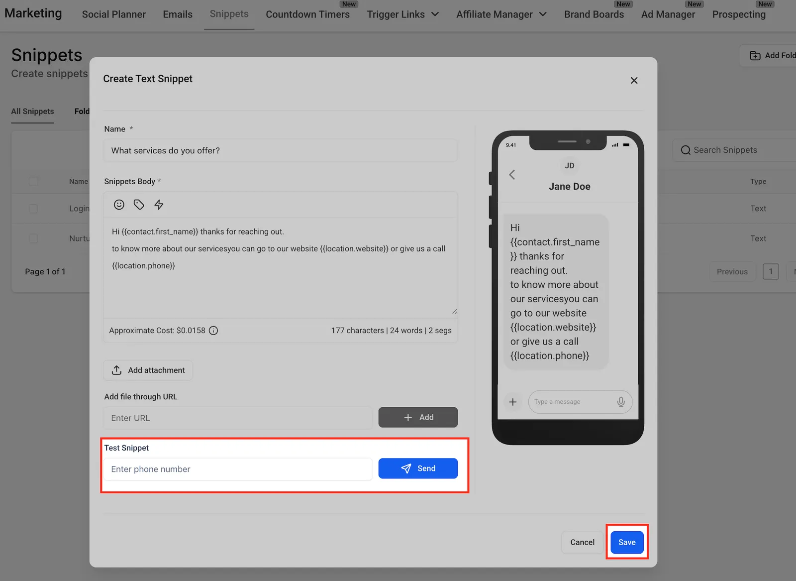 Riepilogo caratteri, segmenti e costo SMS dello Snippet