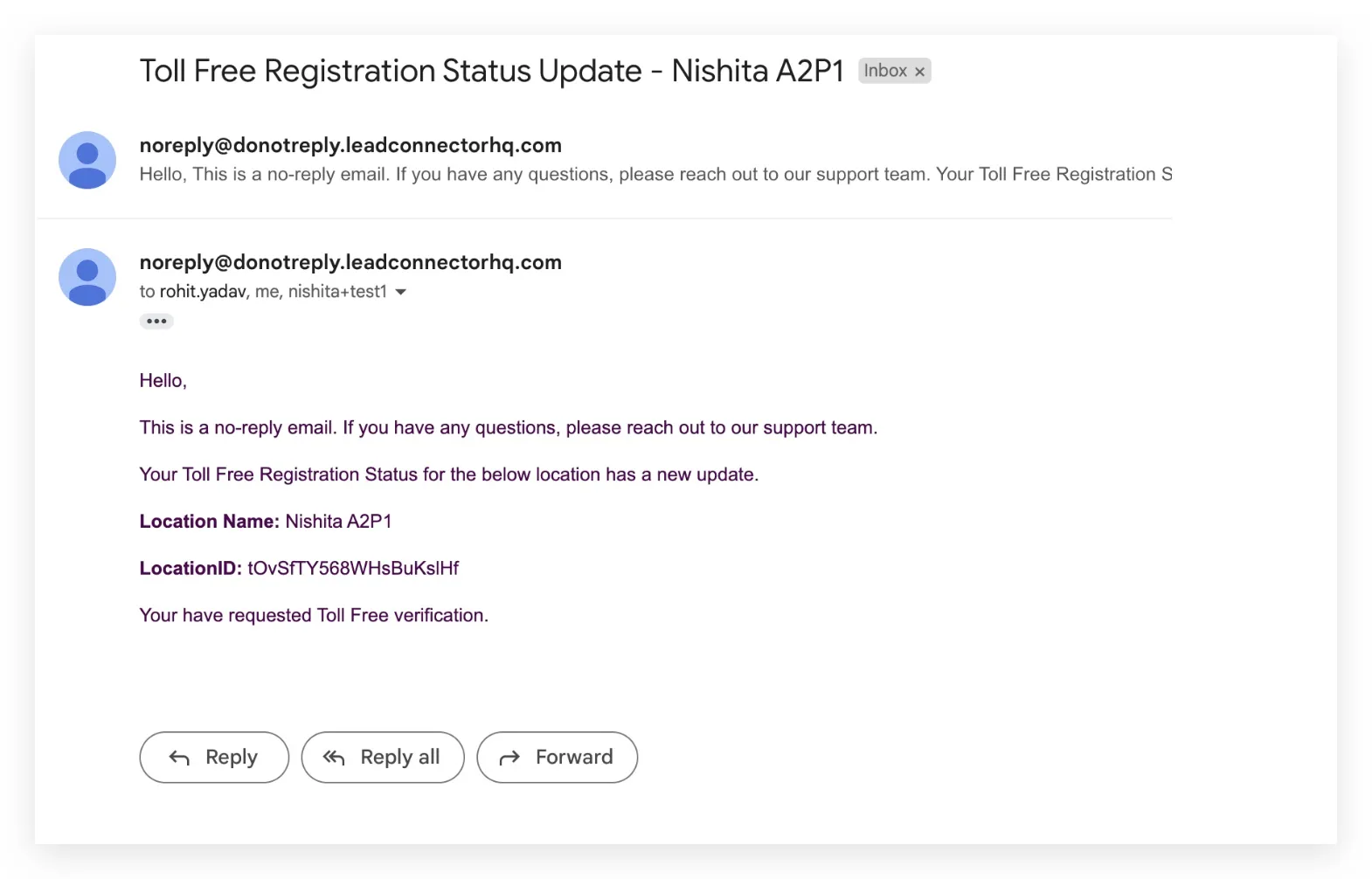 Email di stato verifica A2P / Numero Verde — esempio 3