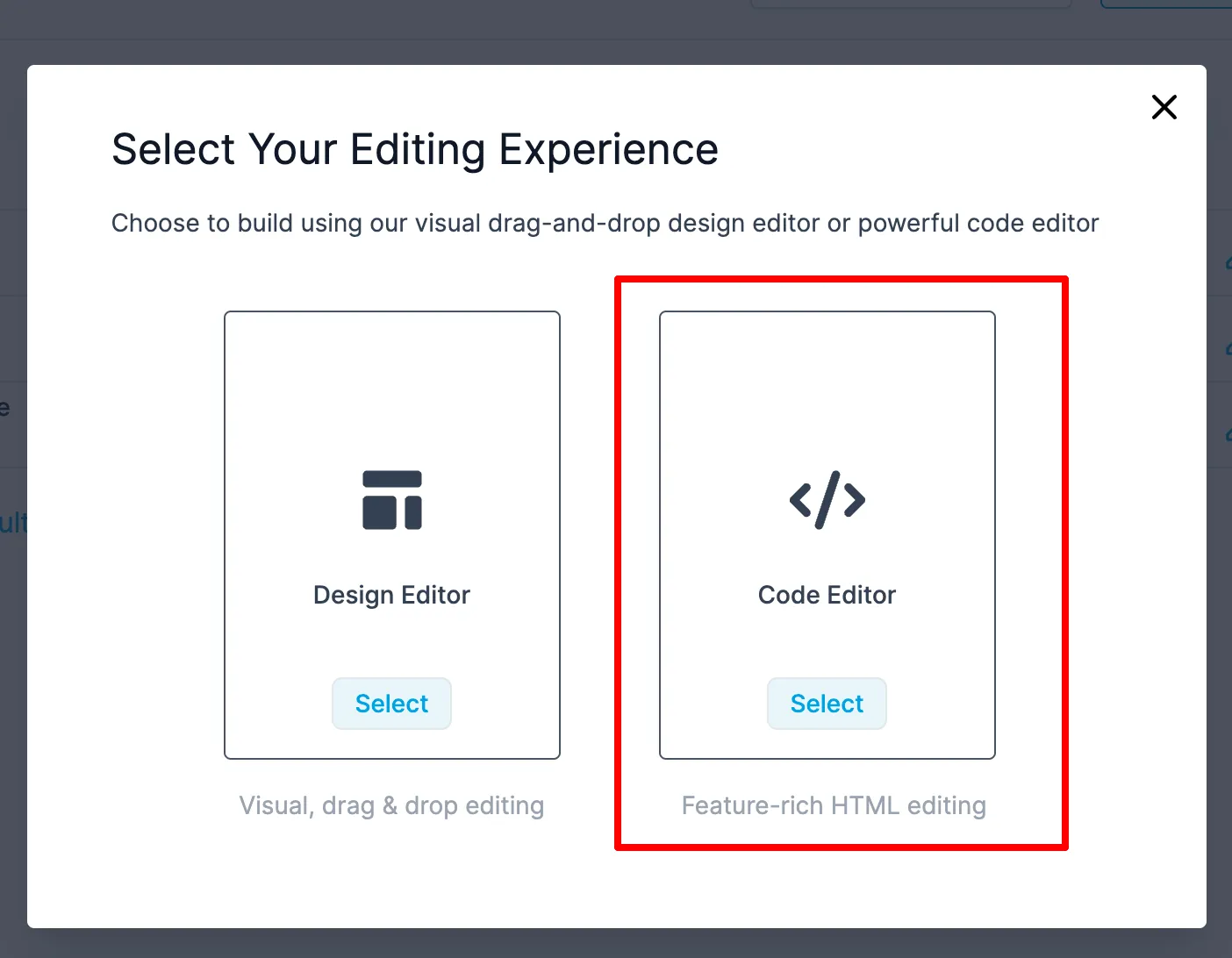 Finestra popup con scelta tra Design Editor e Code Editor