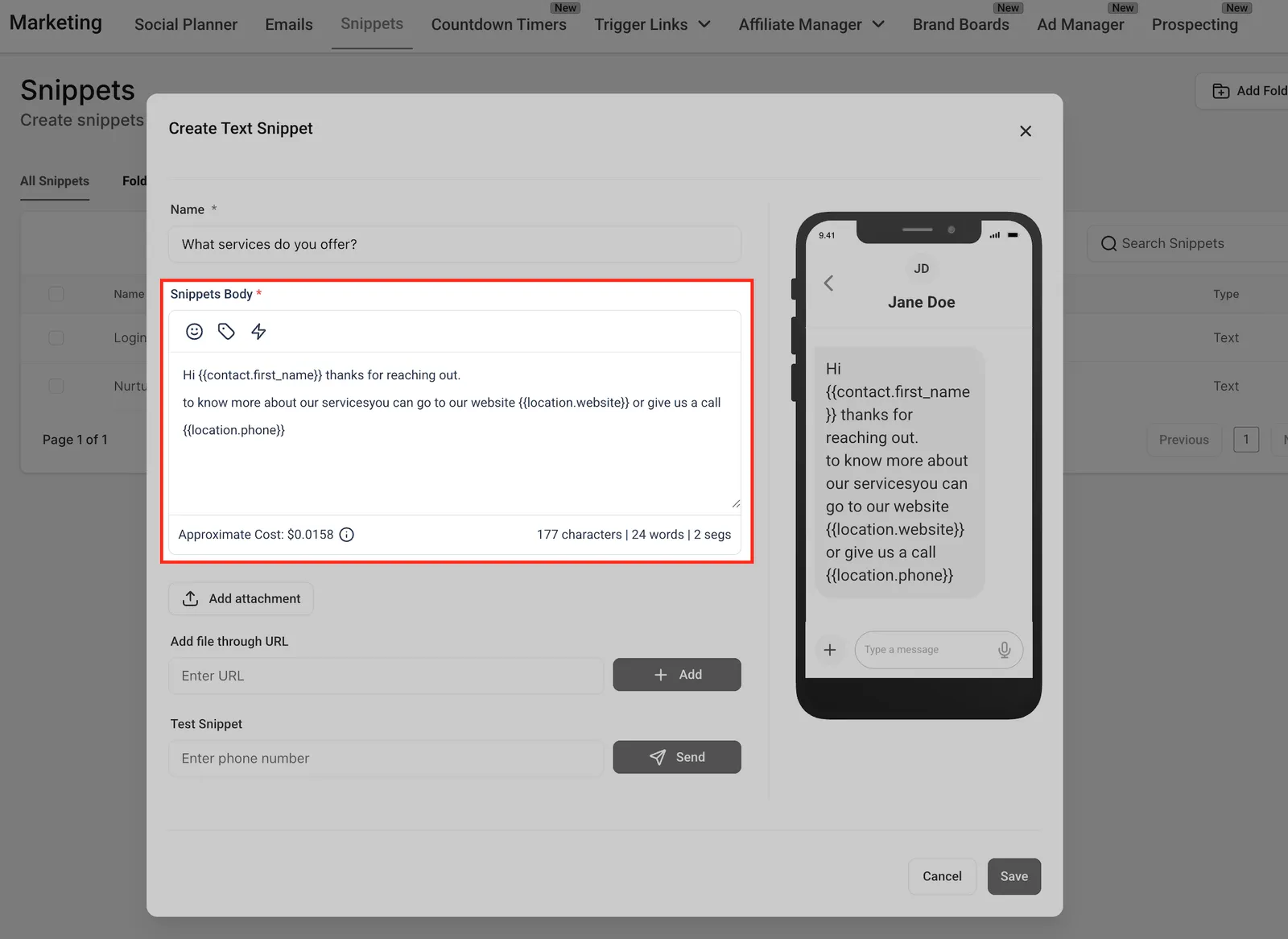 Personalizzazione Snippet con valori dinamici e anteprima in tempo reale