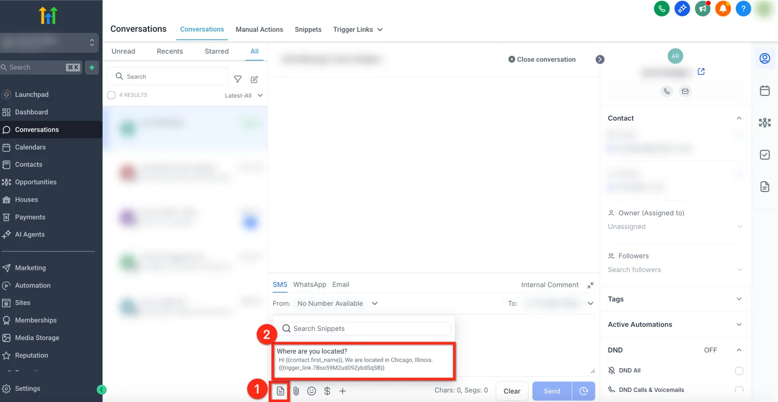 Inserimento di uno Snippet nella scheda Conversazioni