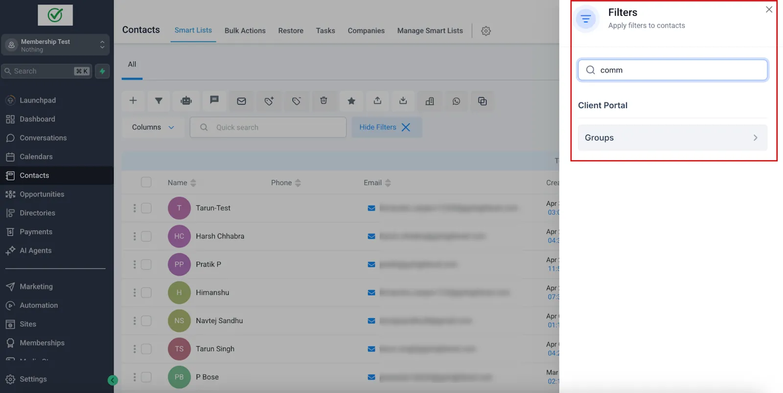Filtro Gruppi Community nelle Smart List del CRM