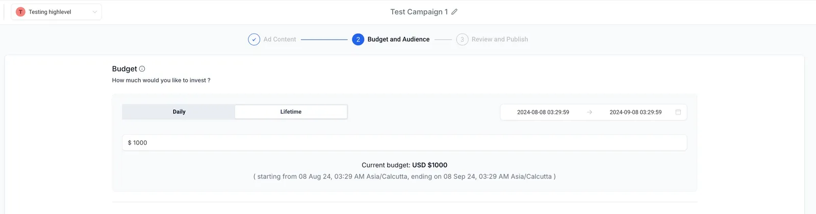 Selezione del budget lifetime e delle date in Ad Manager