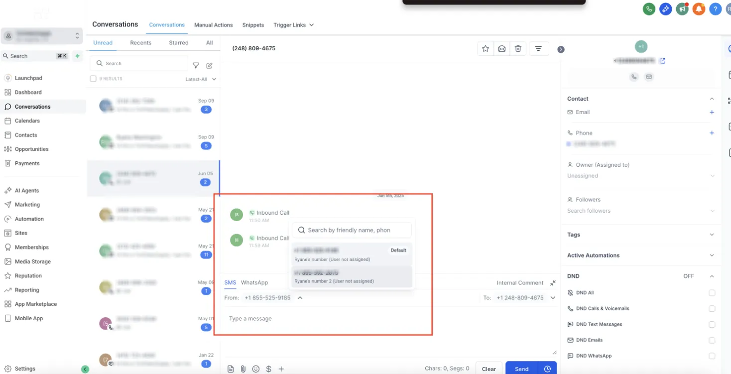 Schermata selezione numero mittente SMS