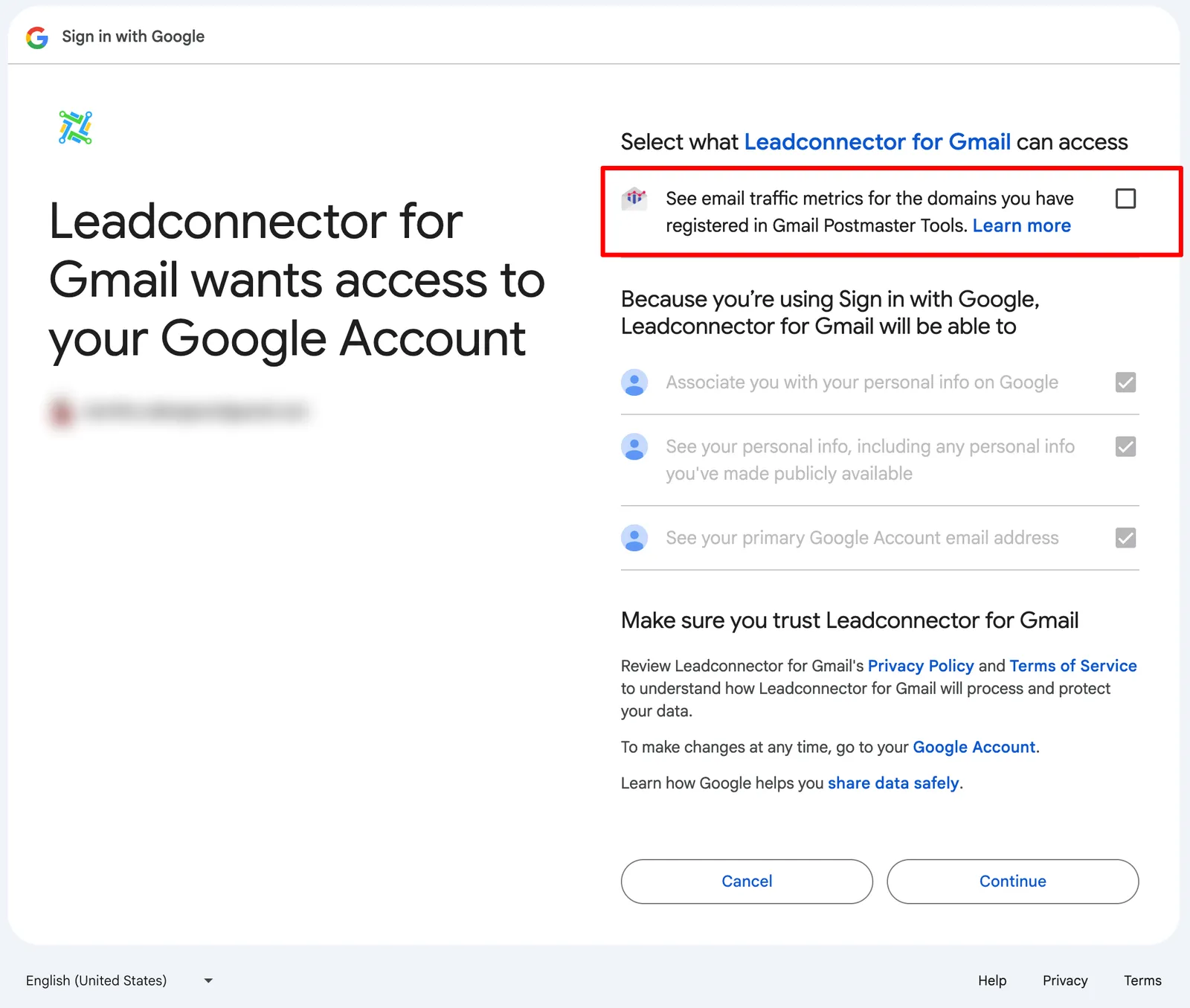 Concedi l'autorizzazione per leggere le metriche di traffico email da Postmaster Tools