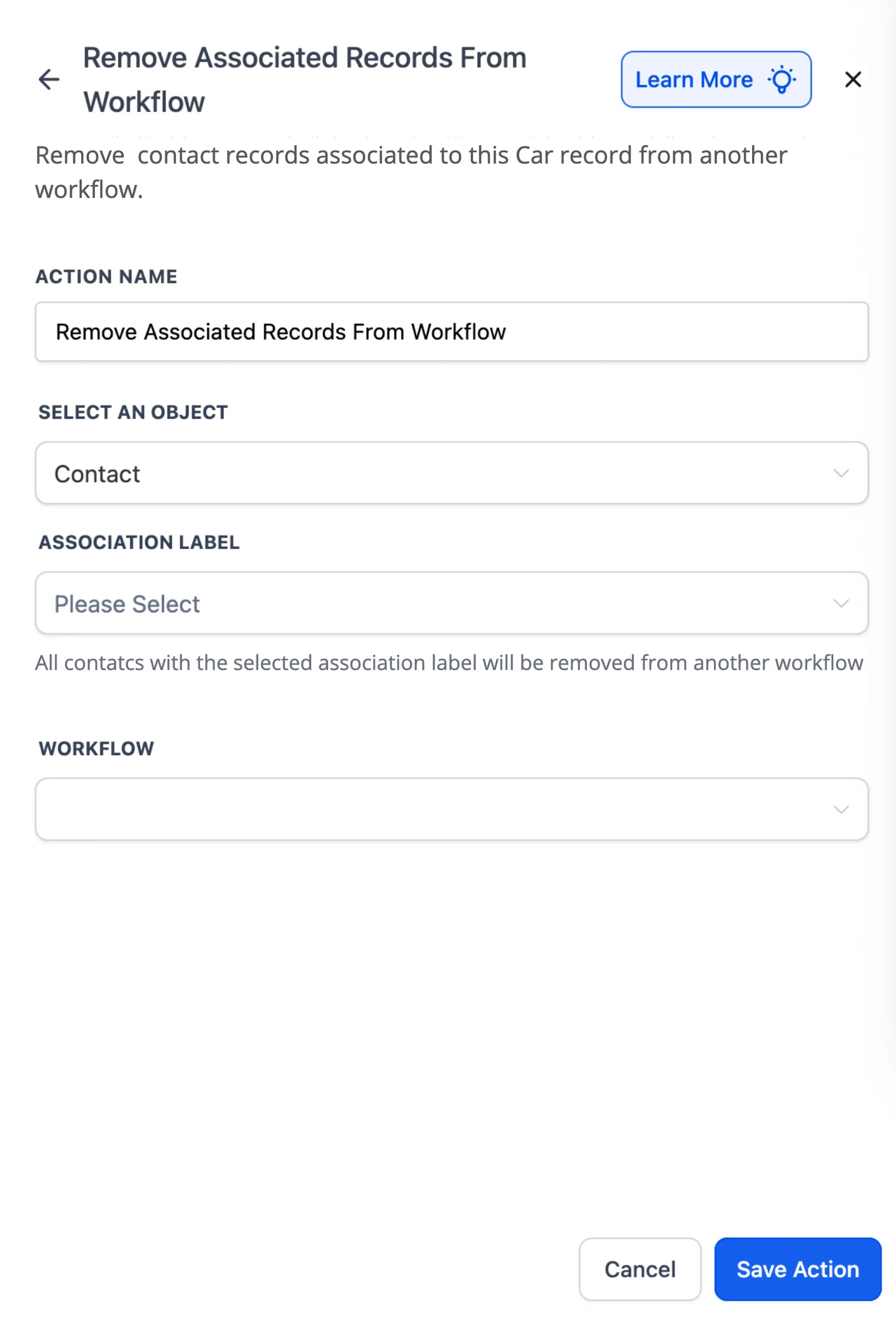 Schermata configurazione azione Rimuovi Record Associati dal Workflow