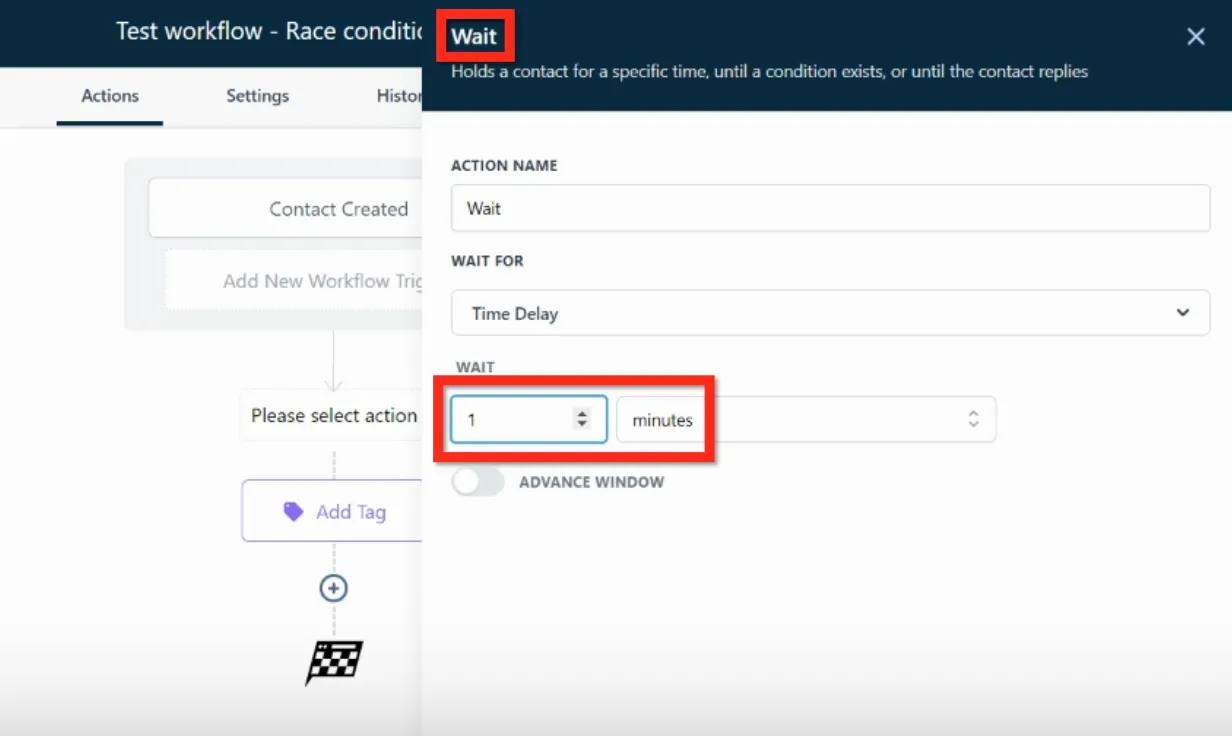 Aggiunta di un'azione Attesa 1 minuto nel Workflow