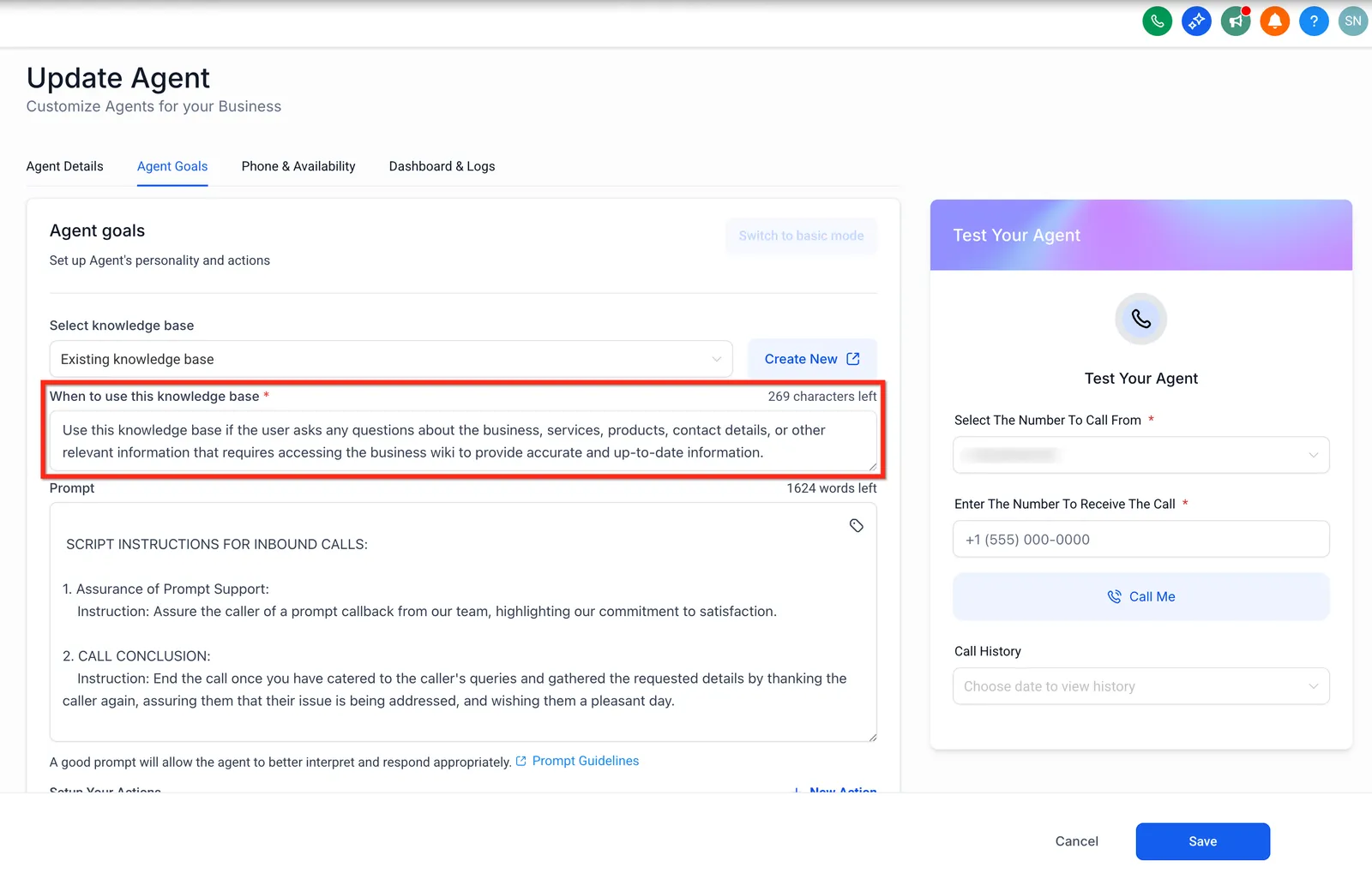 Campo prompt di attivazione della knowledge base