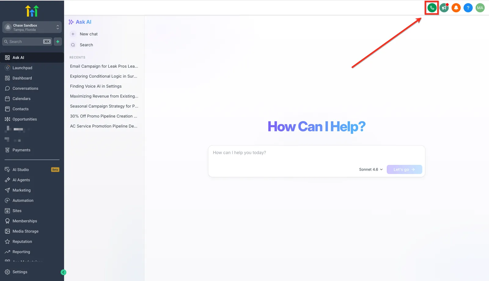 Apertura del dialer web di GoHighLevel / Squadd