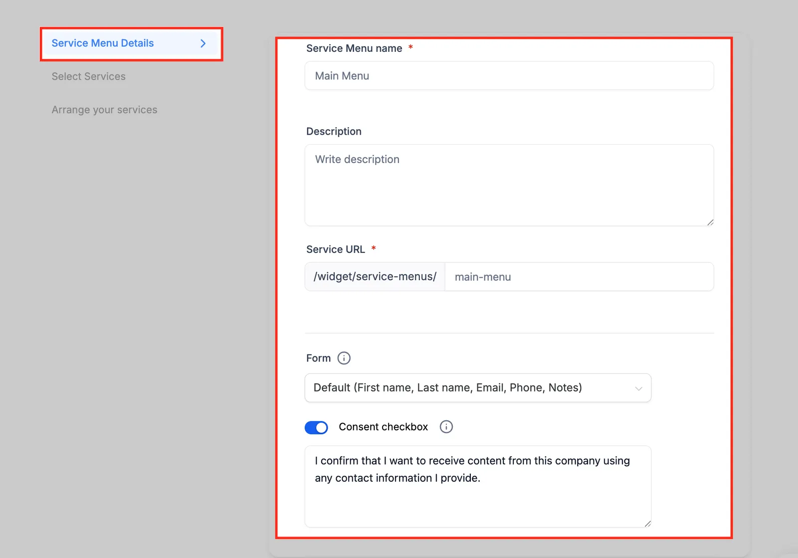 Schermata dettagli menu servizi: nome, descrizione e URL