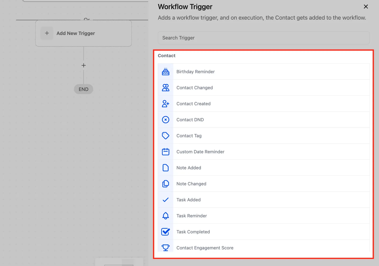Selezione del tipo di Trigger nel Workflow Builder