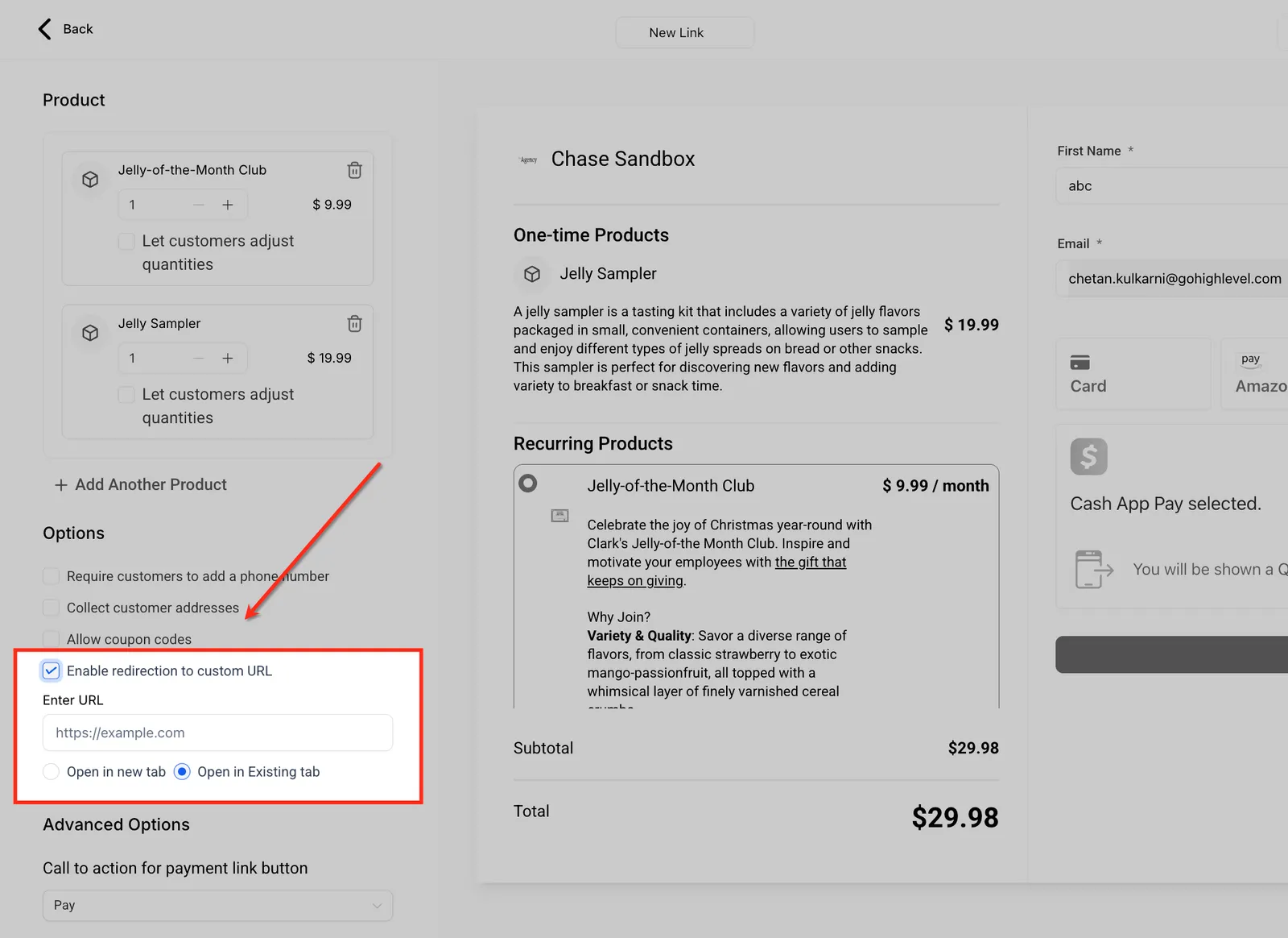Impostazione URL di reindirizzamento post-acquisto