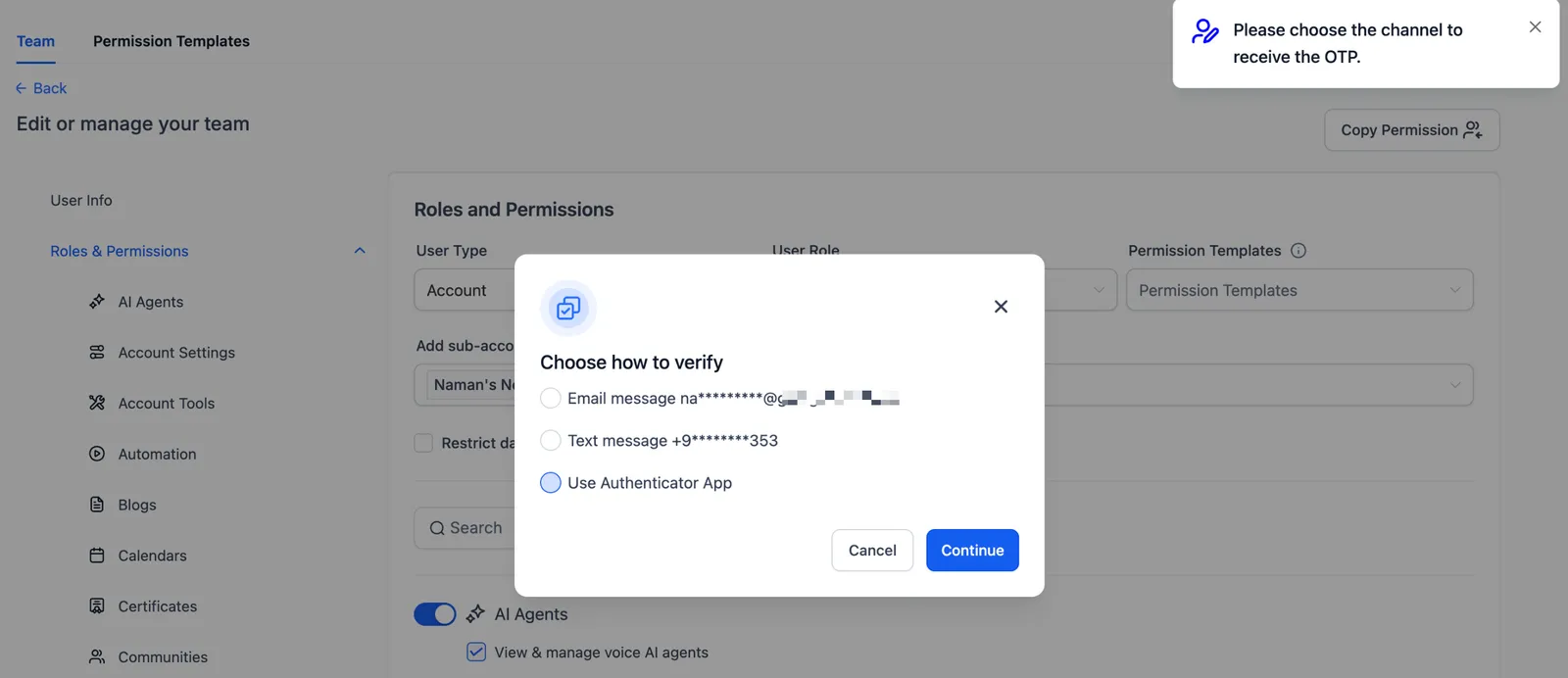Selezione del canale di verifica per il membro del team