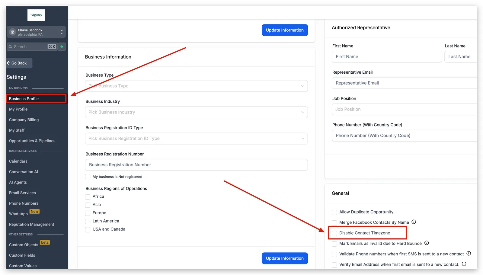 Impostazione Disable Contact Timezone nel Profilo Aziendale